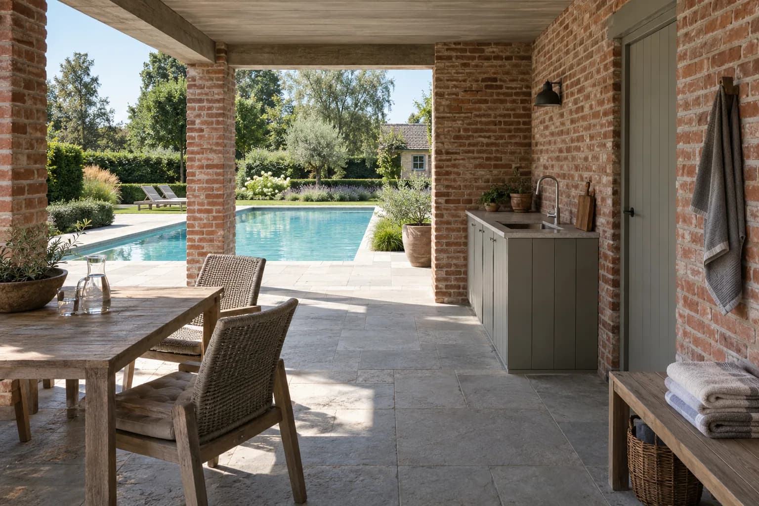 Overdekt terras van een bakstenen poolhouse met spoelbak, eettafel en handdoekbank bij de kleedruimte
