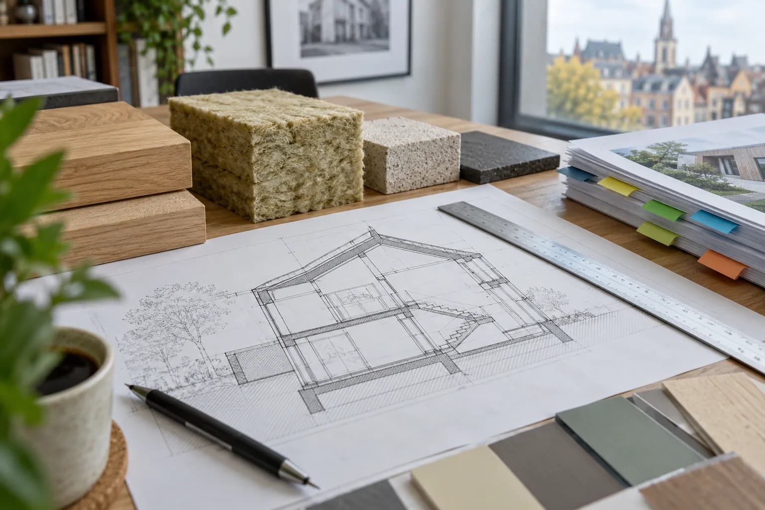Bouwtekening met hout, isolatiemateriaal en documenten op een bureau