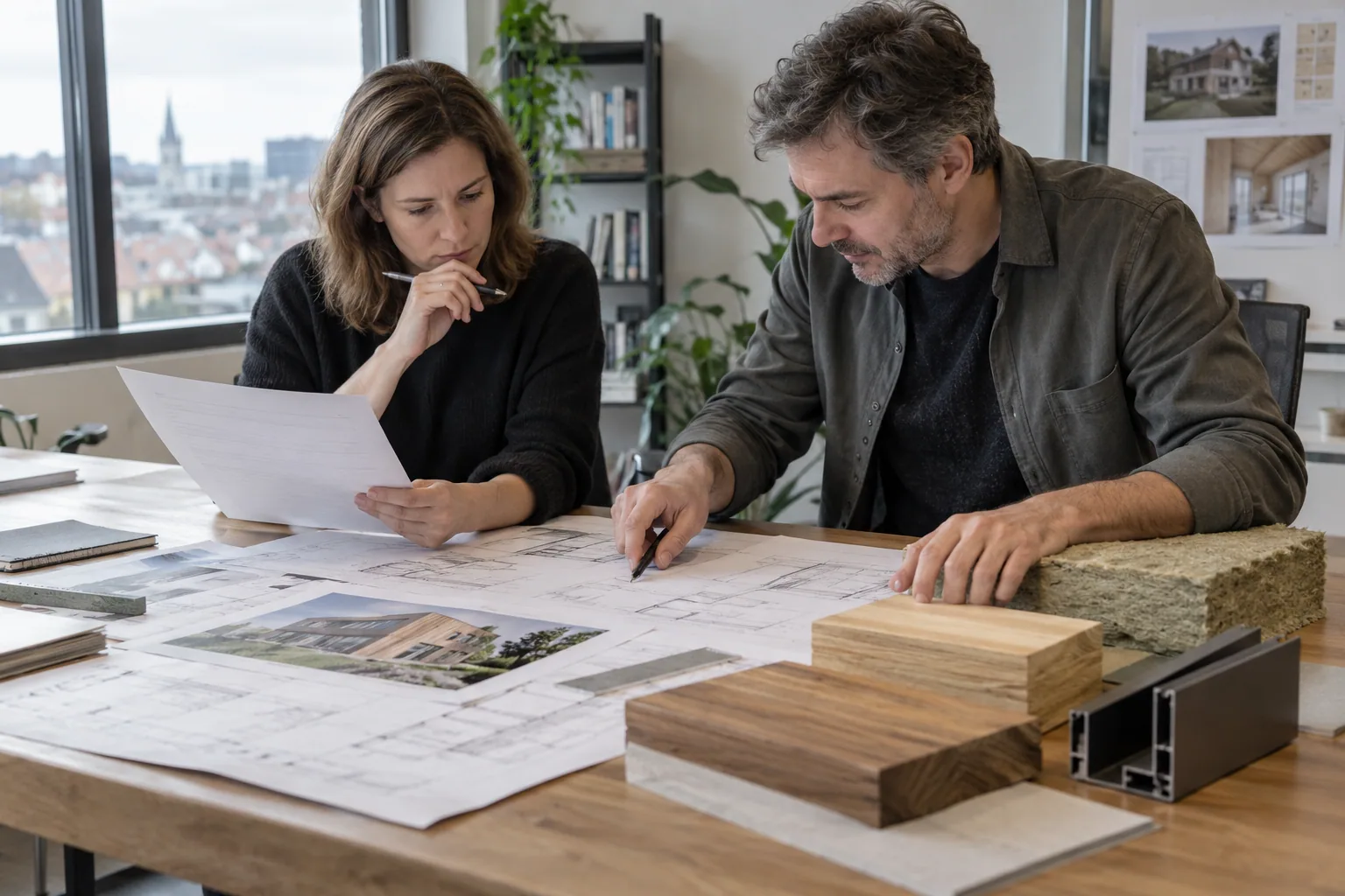 Twee personen vergelijken documenten, bouwplannen en isolatiemateriaal