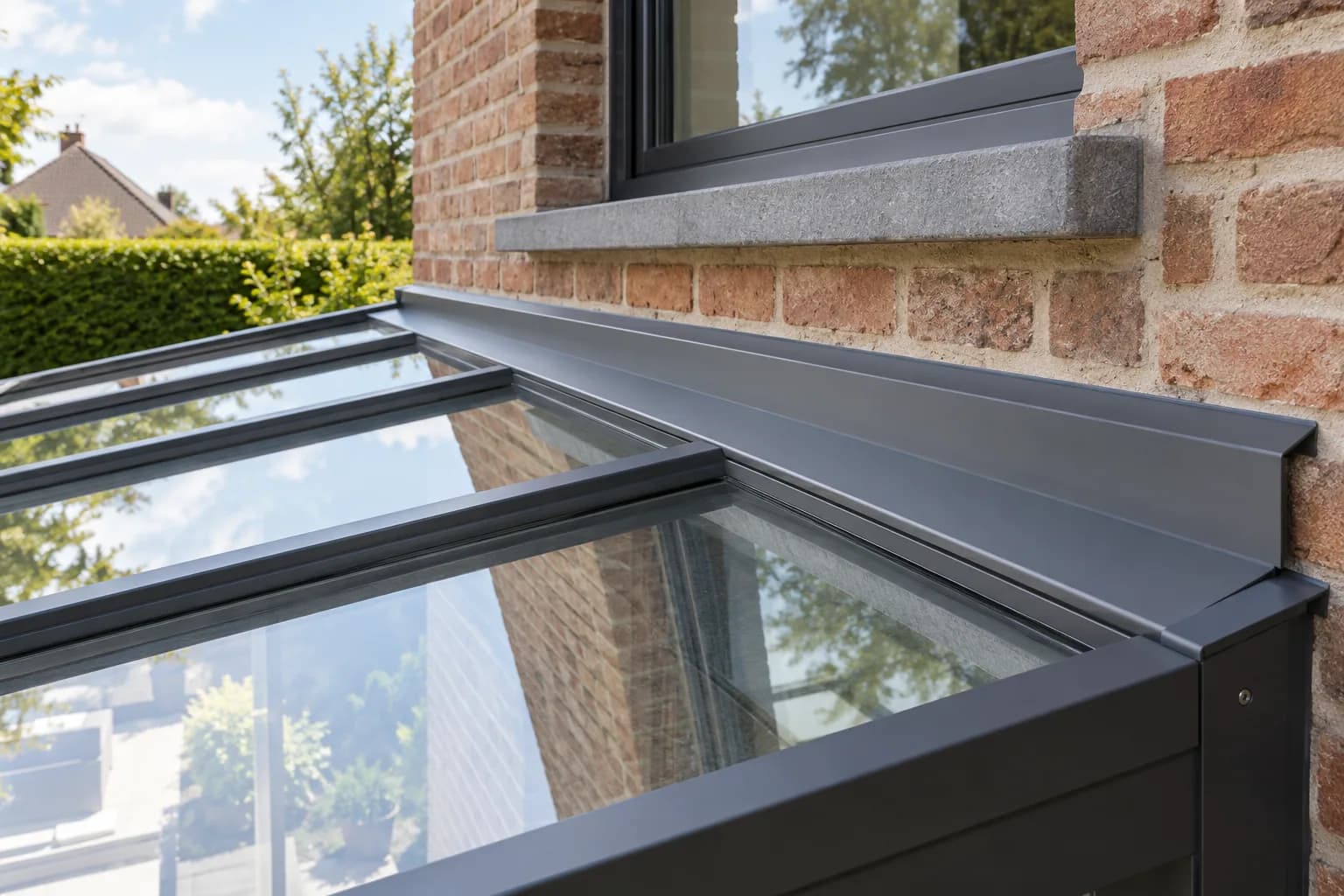 Wandaansluiting van een glazen terrasdak met metalen afwerking tegen de bakstenen gevel.