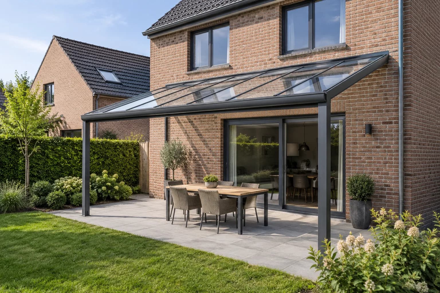 Terrasoverkapping aan de achtergevel met glazen dak, voorstaanders en toegang vanuit de woning.