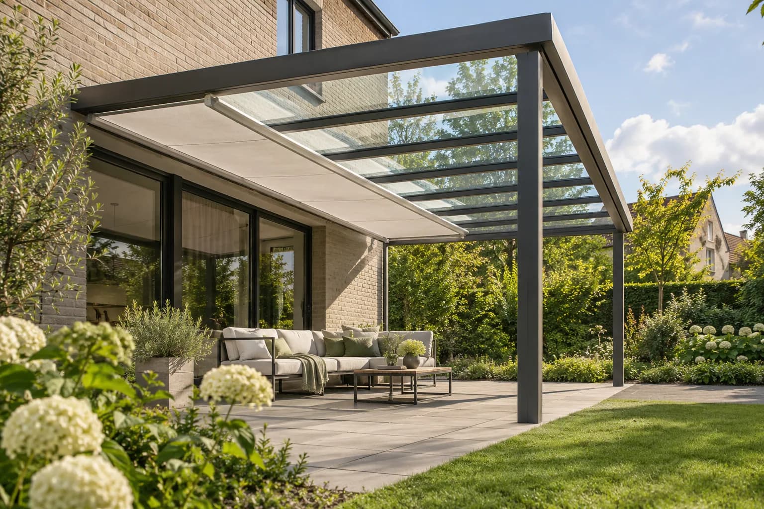 Zithoek onder een glazen terrasdak met gedeeltelijk uitgeschoven zonwering.
