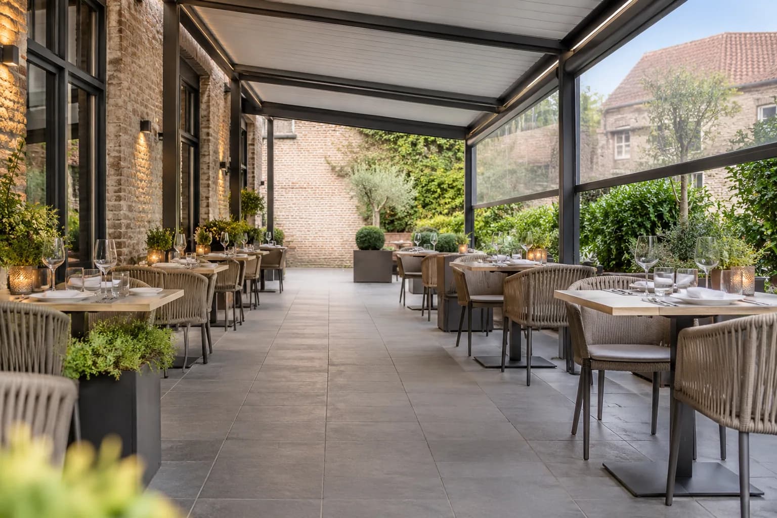 Vrije doorgang tussen restauranttafels onder een overkapping met zijbescherming.