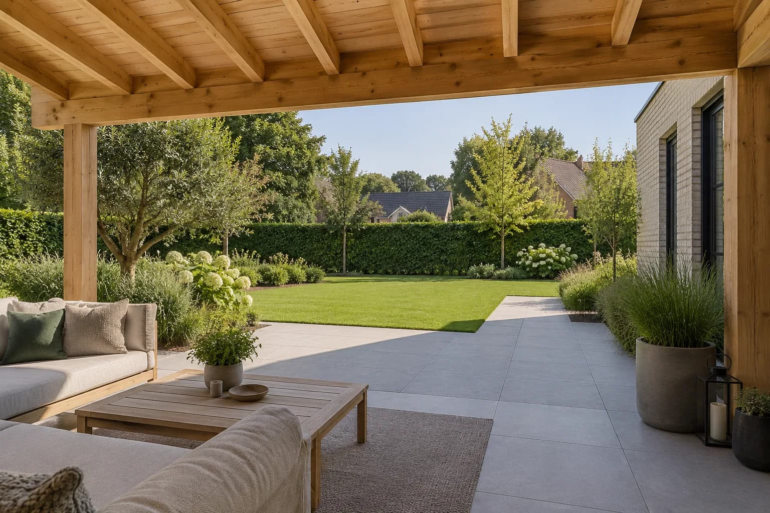Zithoek onder een houten terrasoverkapping met zicht op het gazon.