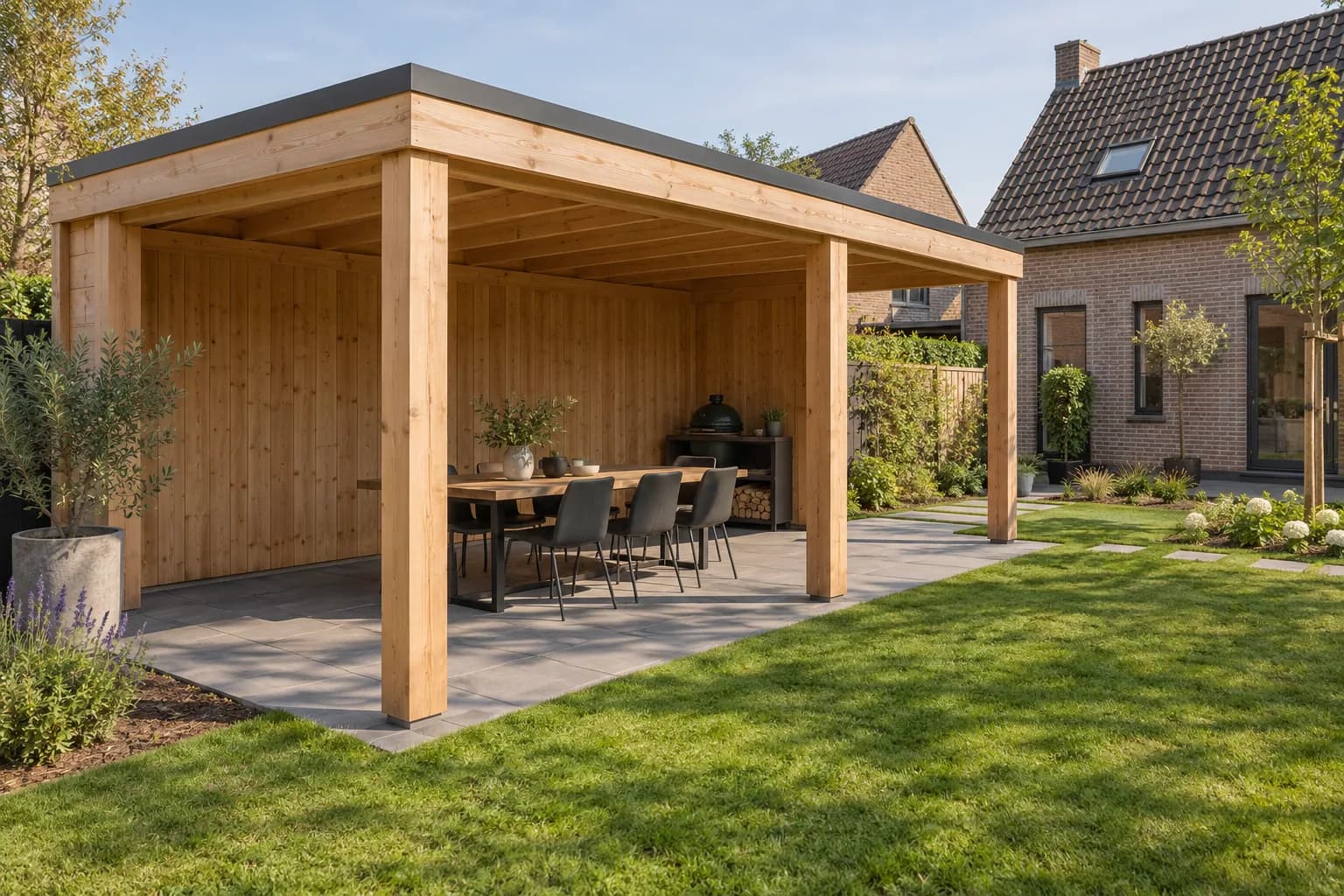 Houten terrasoverkapping met plat dak, houten achterwand en een open eethoek in de tuin.