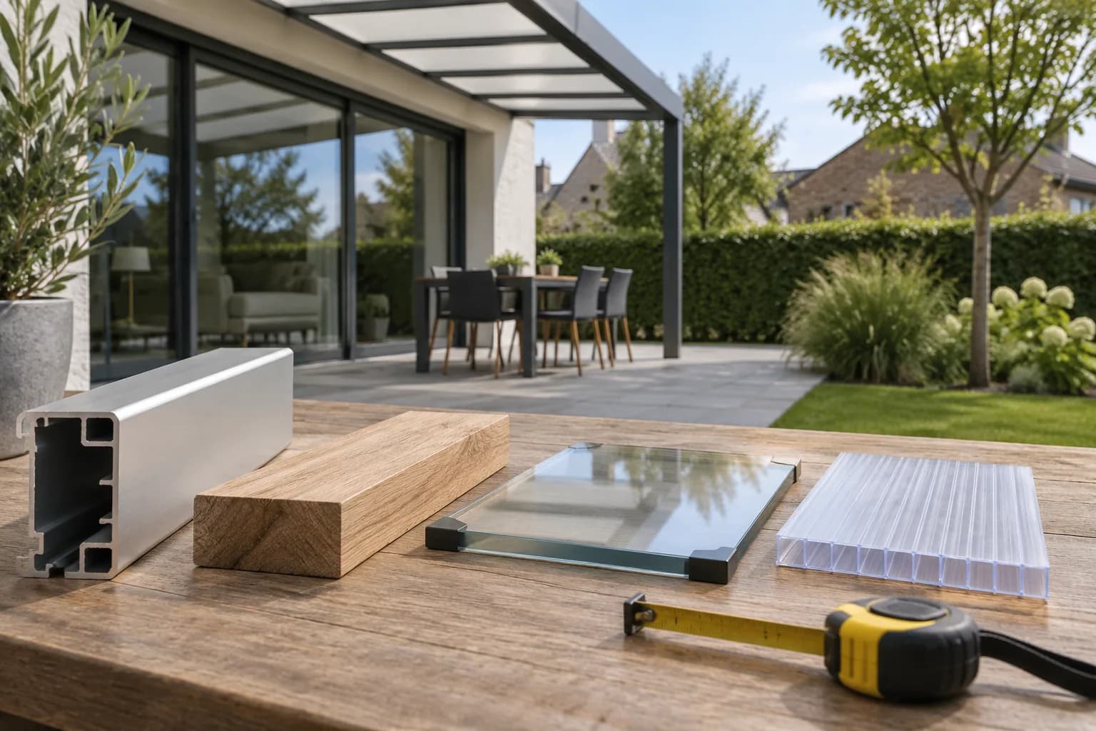 Stalen van hout, aluminium, glas en polycarbonaat op een werktafel bij het terras.