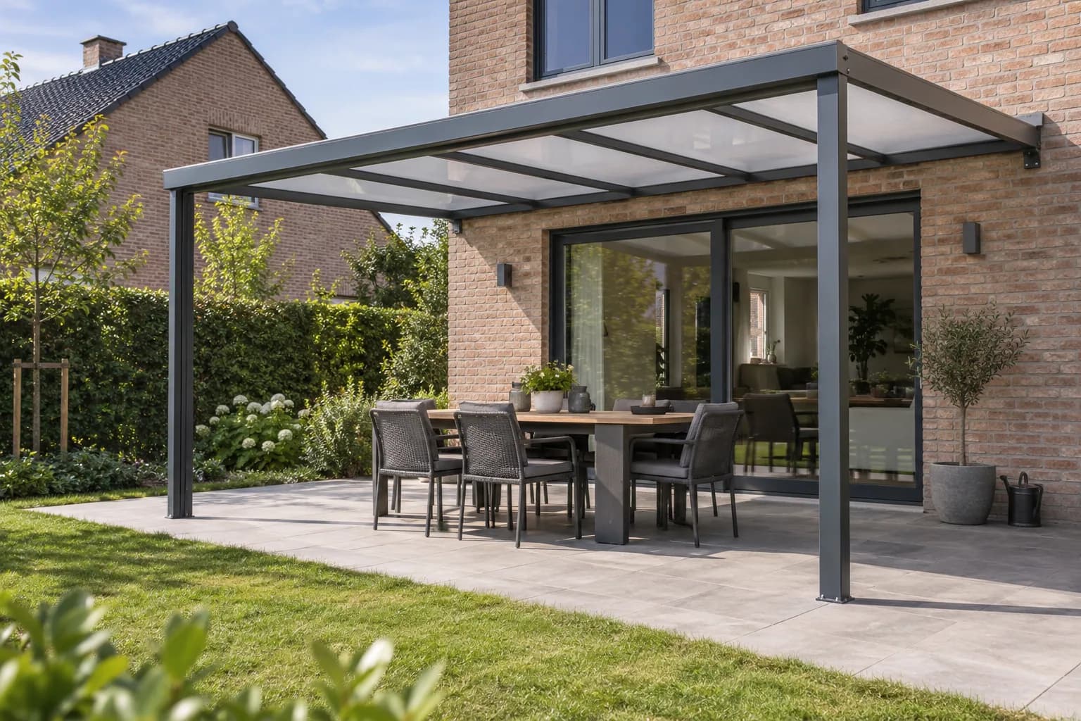 Eenvoudige terrasoverkapping met lichtdoorlatend dak en open zijden aan een woning.