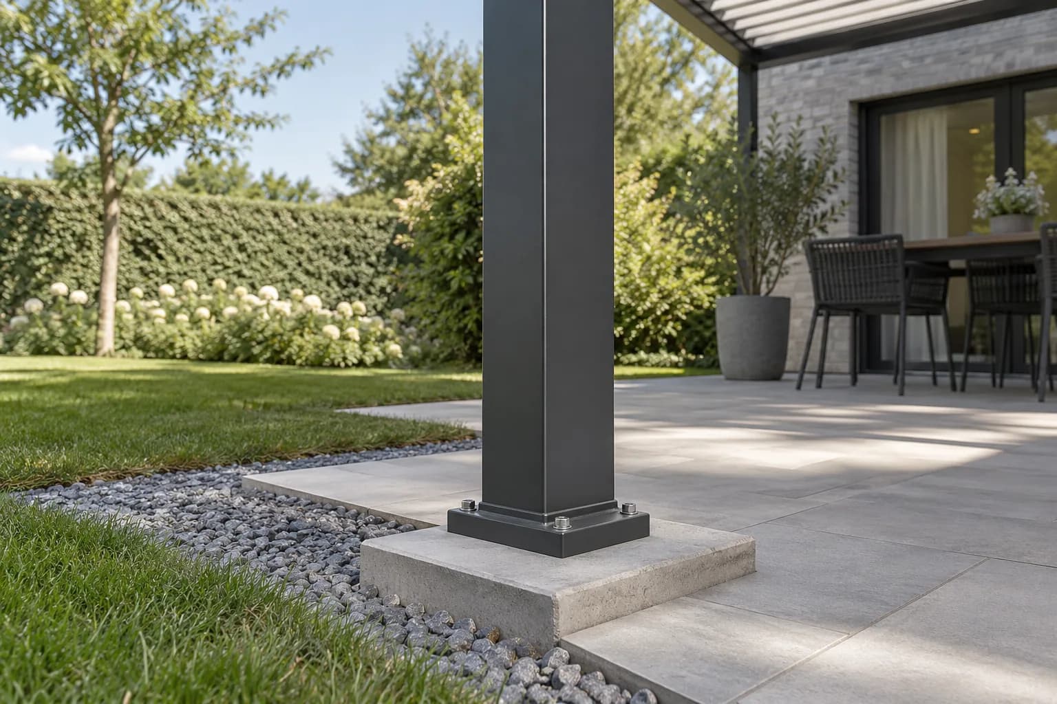 Voetplaat met ankerbouten onder een aluminium staander aan de rand van het terras.