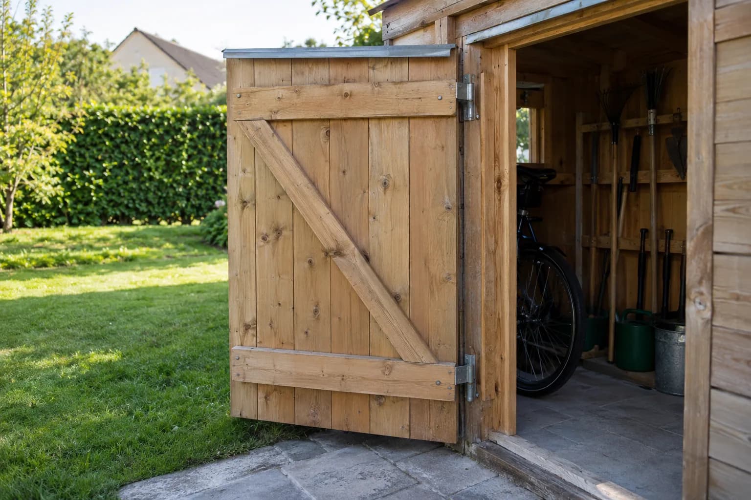 Open houten bergingsdeur met diagonale schoor, metalen scharnieren en lage dorpel