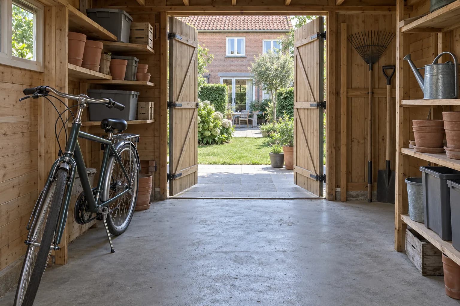 Houten tuinberging met fiets, tuingereedschap en opbergplanken langs een vrije doorgang.
