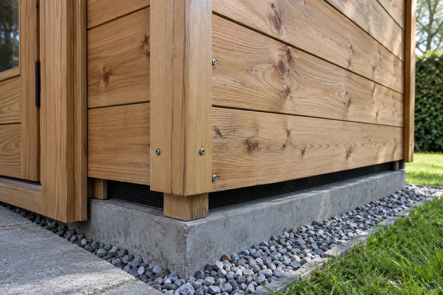 Houten gevelplanken boven een betonnen plint met gaas in de ventilatieopening en grind langs de wand.