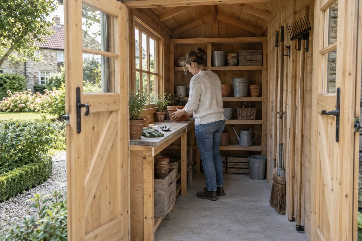 Bewoner aan een oppottafel in een houten tuinberging met bloempotten en opgehangen tuingereedschap.