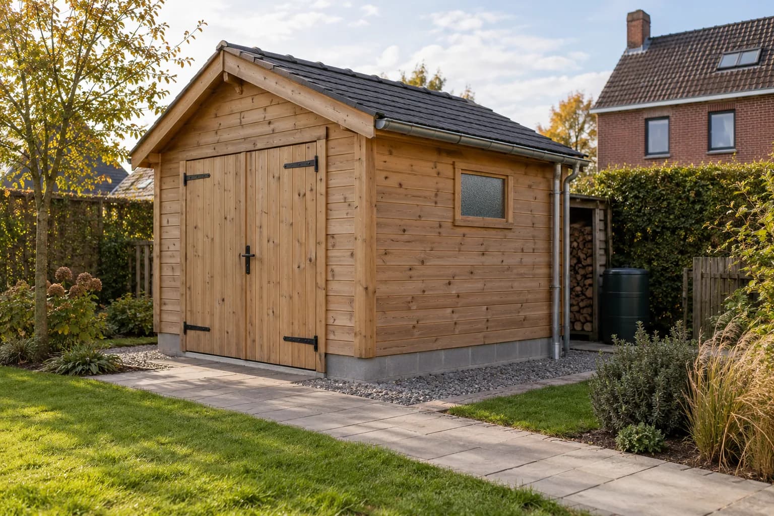 Houten tuinberging met dubbele deur, zadeldak en dakgoot op een verhoogde stenen plint.