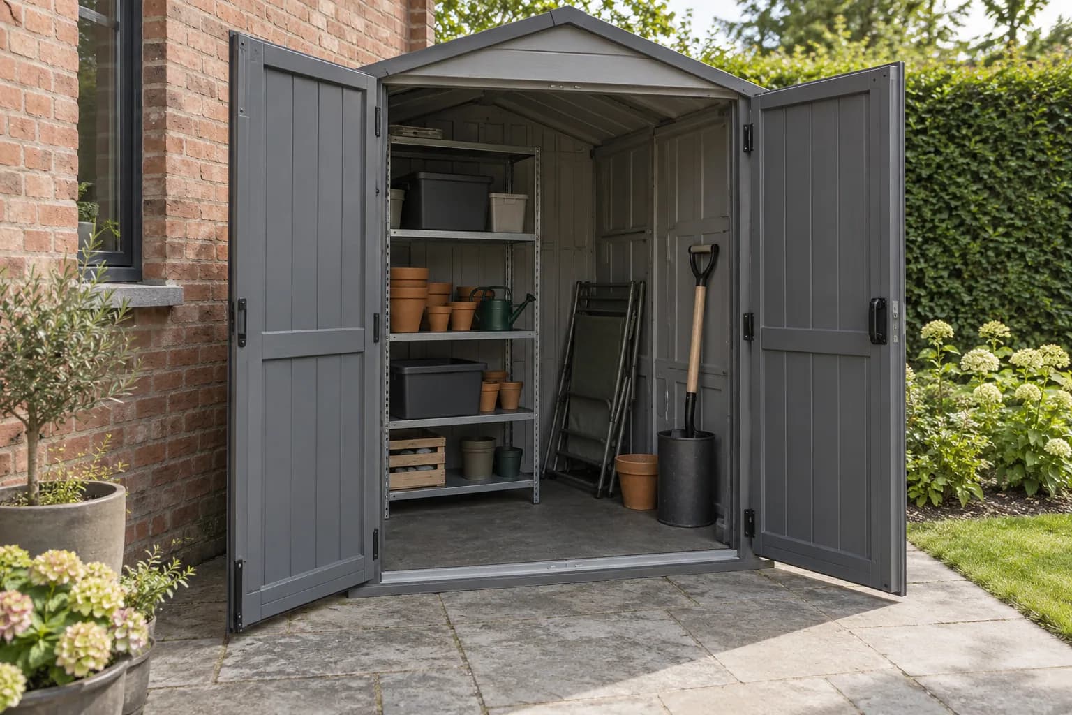 Open kunststof berging met vrijstaande stelling, opbergboxen, bloempotten en ingeklapte tuinstoel.