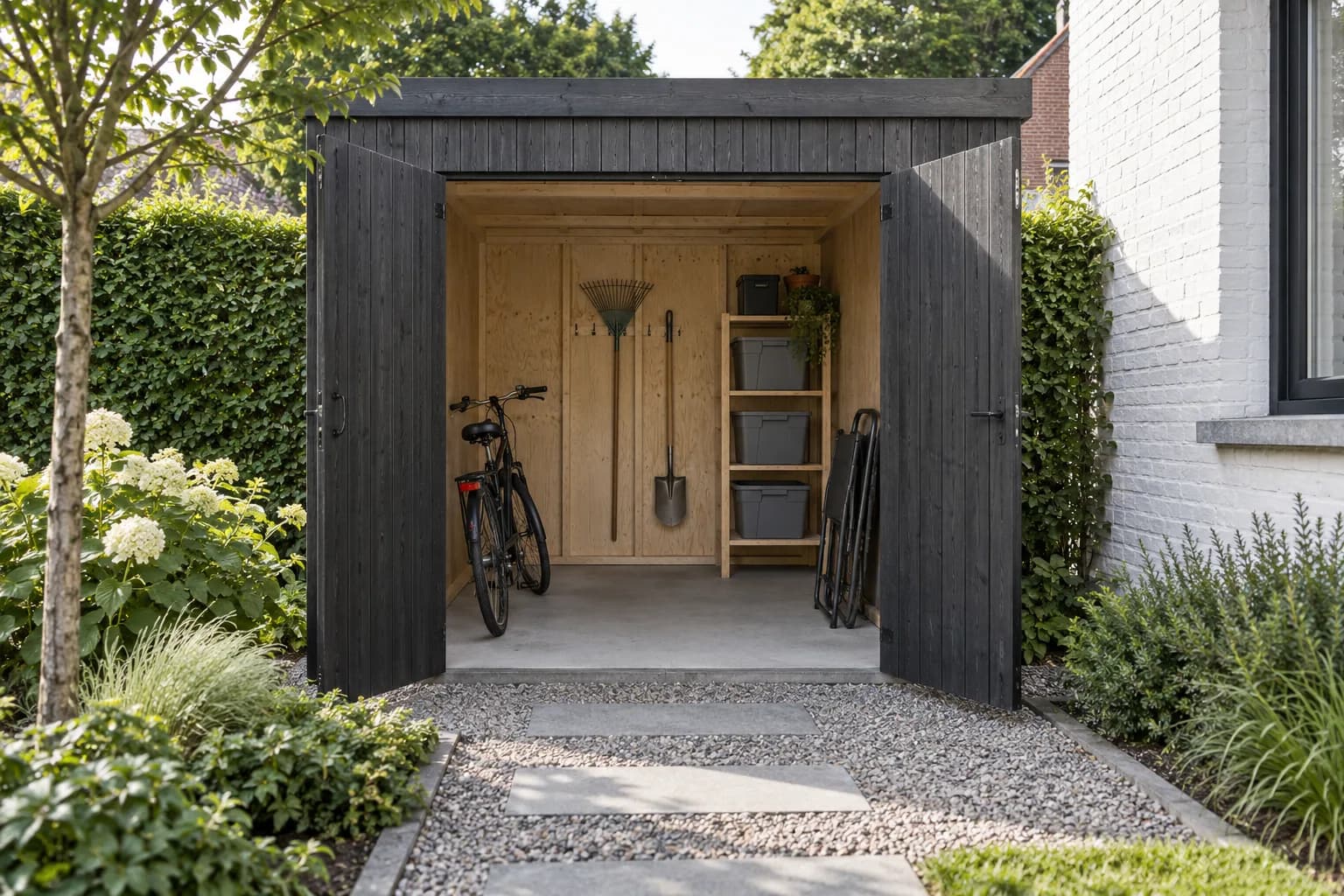 Open moderne berging met fiets, opbergboxen, tuingereedschap en een vrije vloer tussen de deuren.