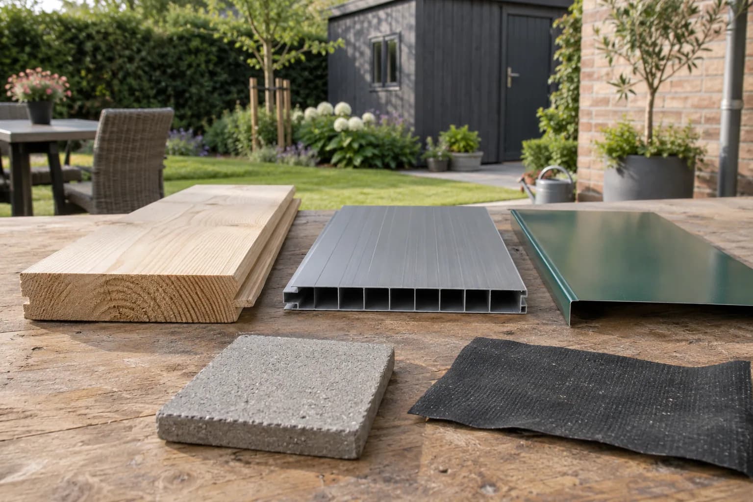 Stalen van hout, een hol grijs paneel, groen plaatmetaal, beton en dakfolie op een houten werktafel.