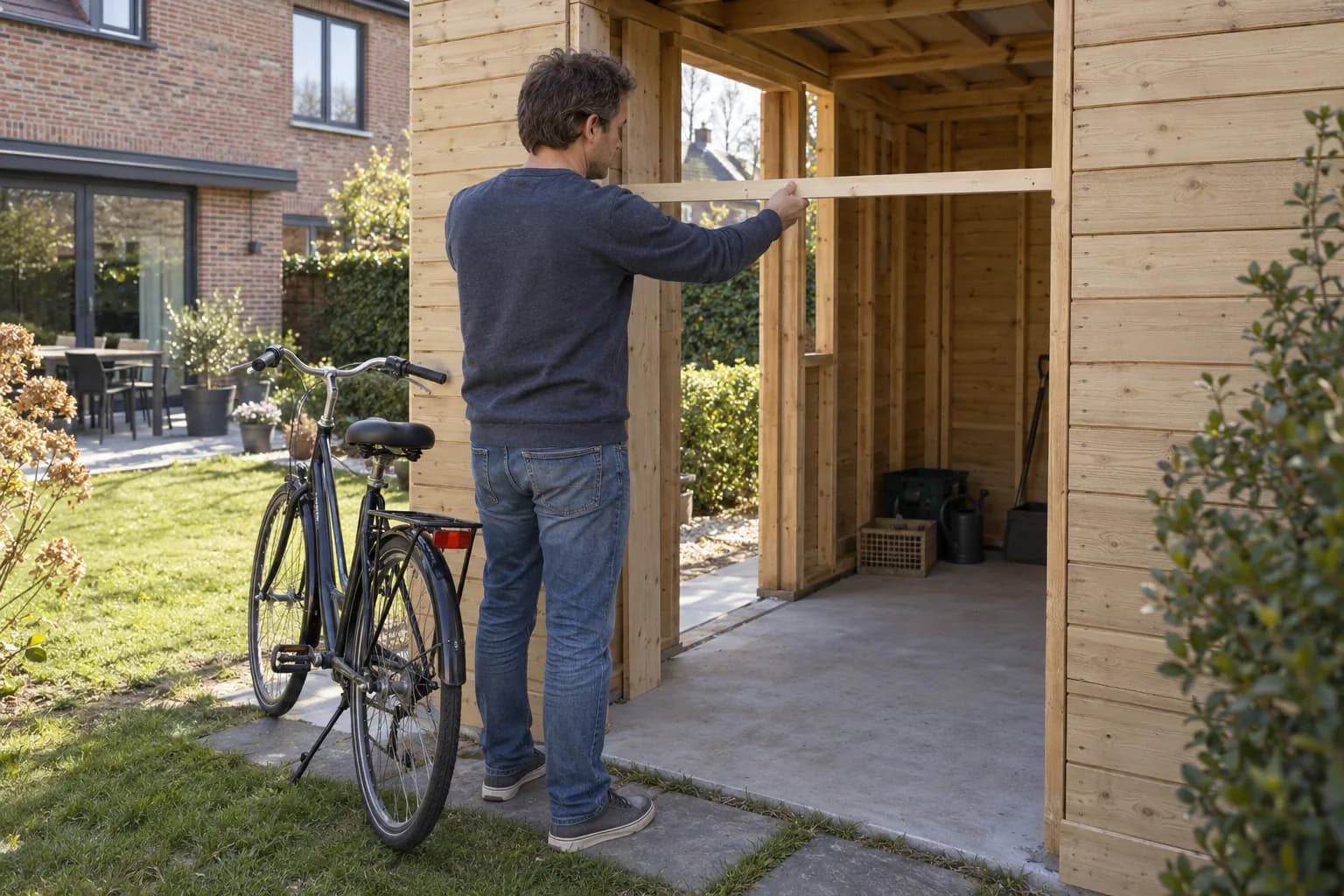 Bewoner houdt een houten paslat in de deuropening van een tuinberging, met een fiets ernaast.
