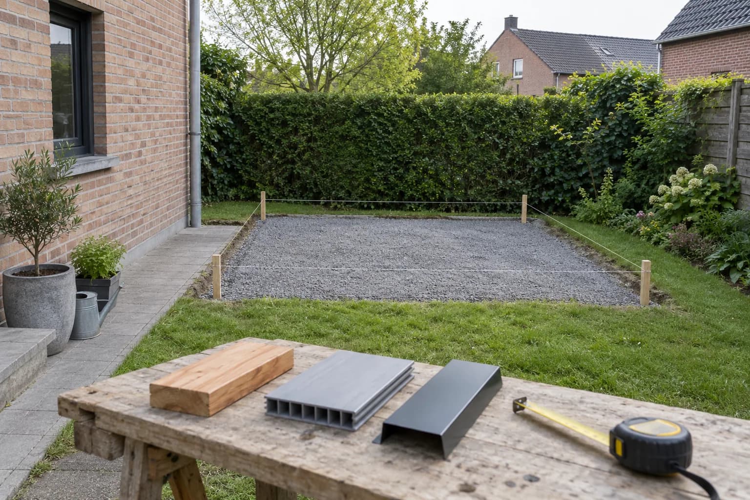 Uitgezette plek voor een tuinberging met materiaalstalen van hout, kunststof en metaal op een werkbank.