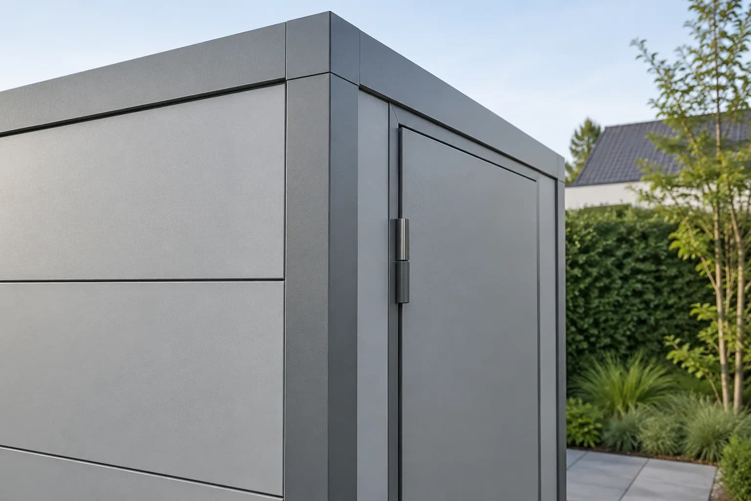 Detail van een aluminium hoekprofiel, wandpaneel en deurkozijn.