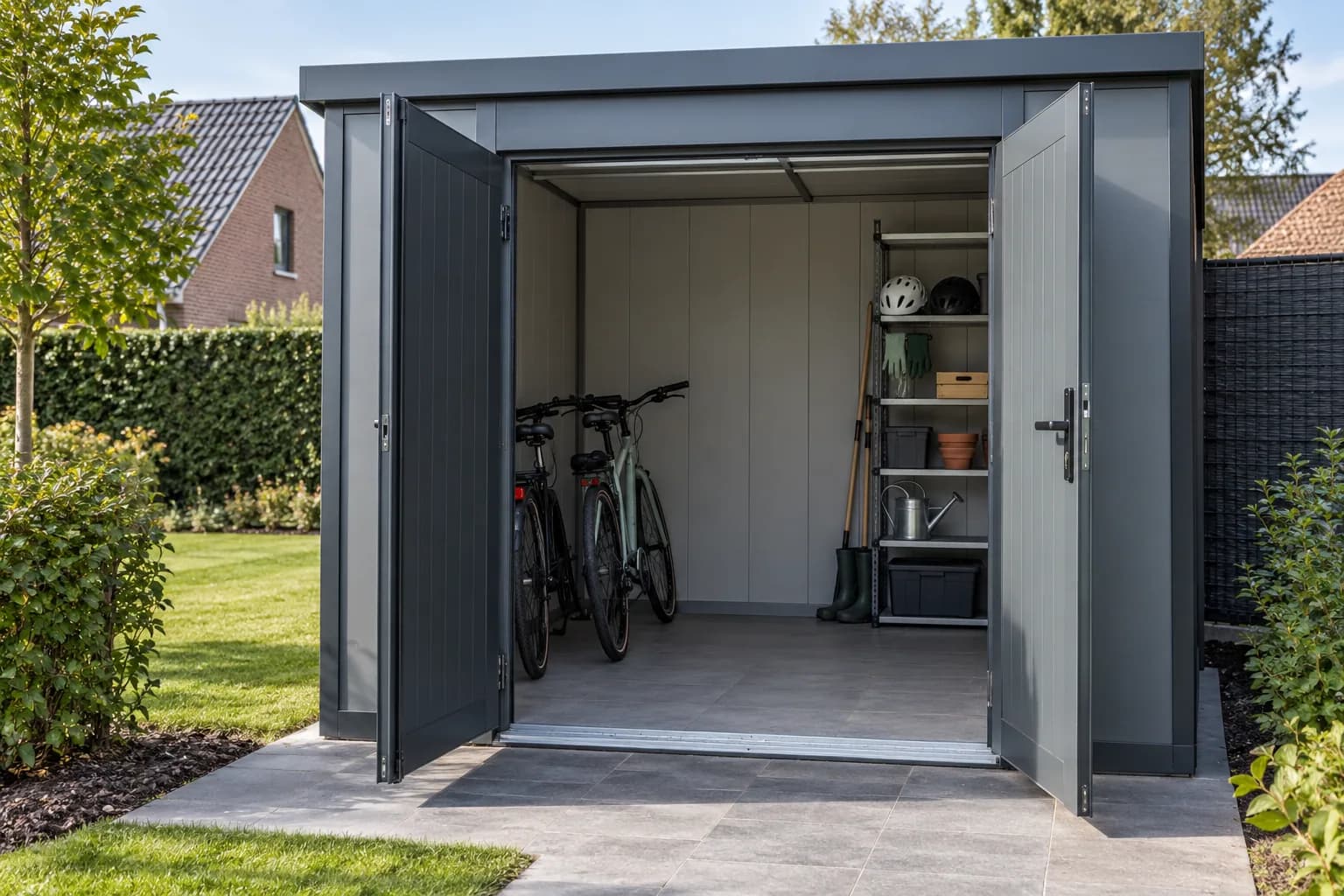 Aluminium tuinberging met open deuren, fietsen en een opbergrek.
