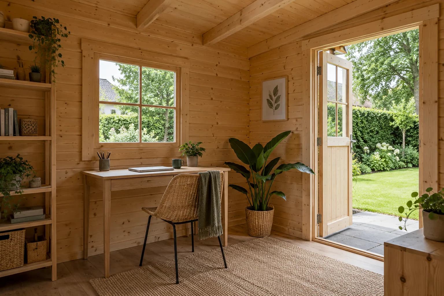 Binnenruimte van een houten blokhut met een kleine tafel, stoel en tuinzicht.