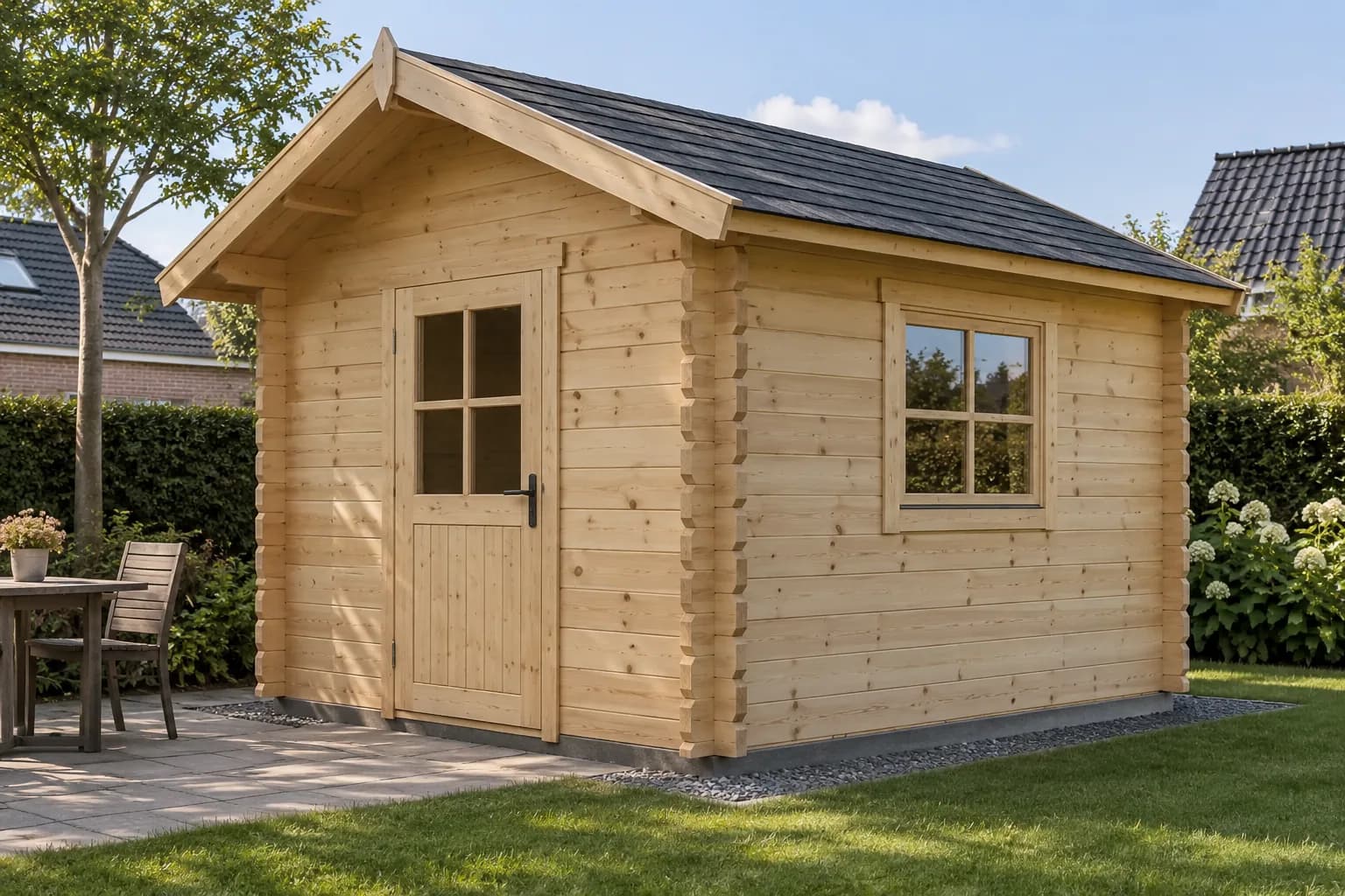Houten blokhut met een zadeldak en zichtbare hoekverbindingen van wandbalken.