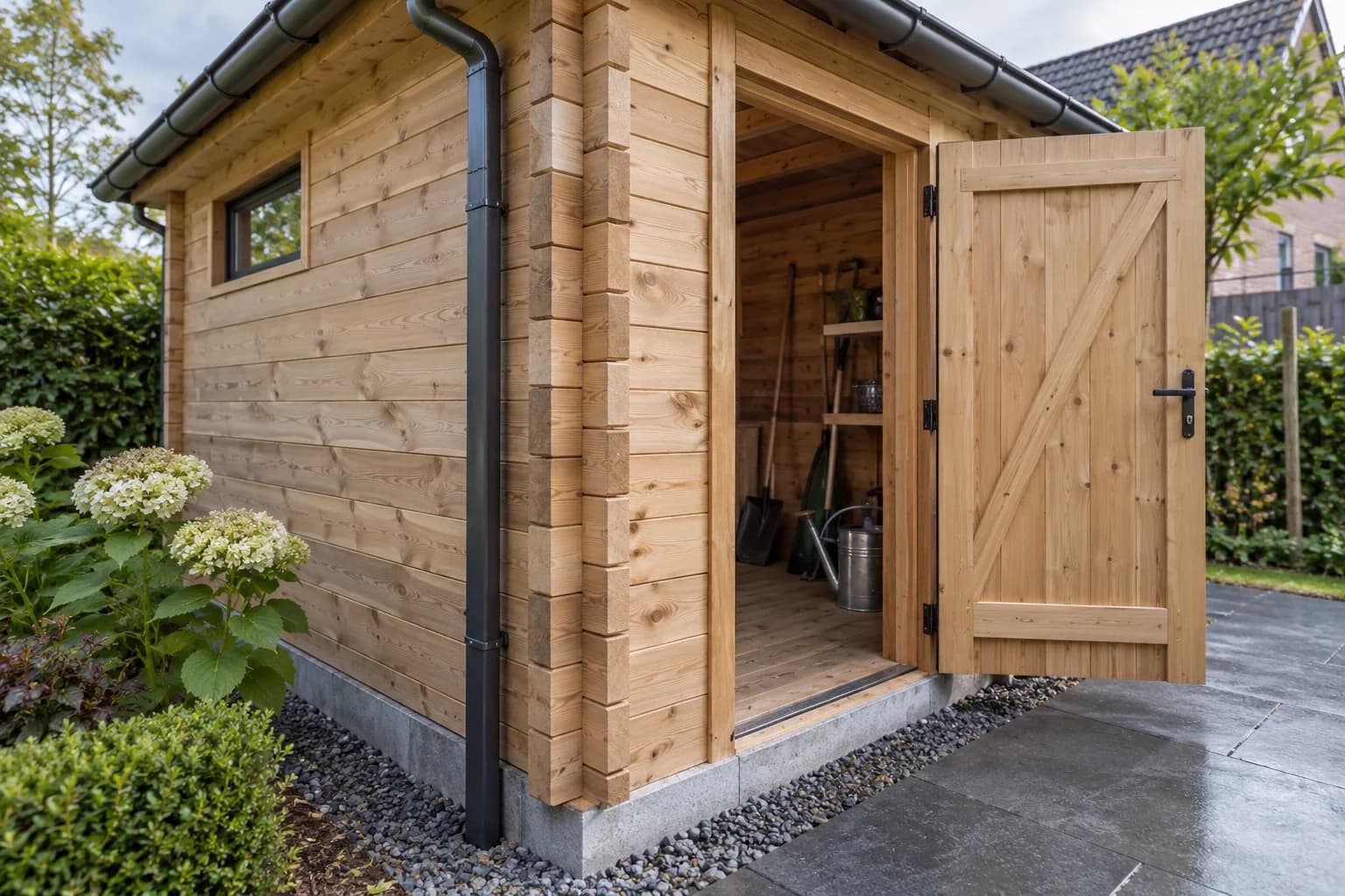 Hoek van een houten tuinhuis met geopende deur, dakgoot en betonnen plint
