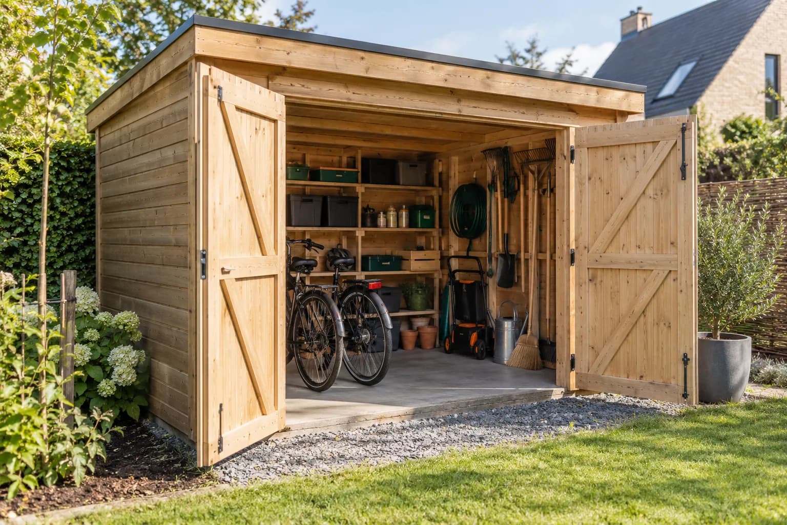 Houten tuinhuis met fietsen, opbergrekken en tuingereedschap