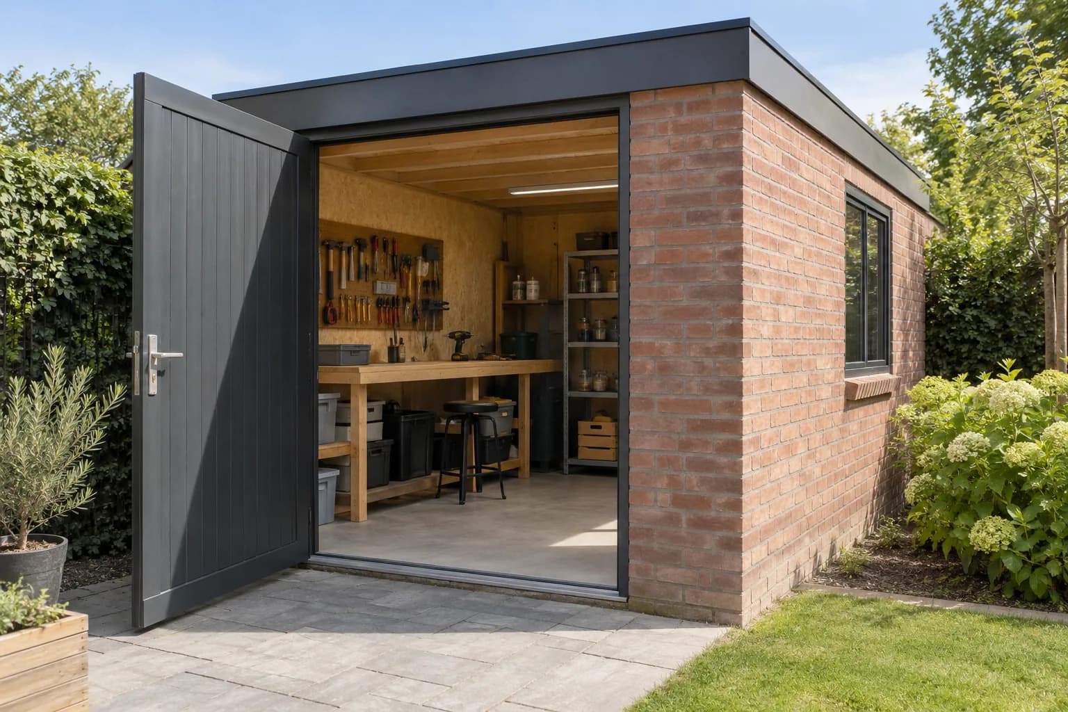 Gemetst tuinhuis met een werkbank en opbergrekken voor hobbygebruik.
