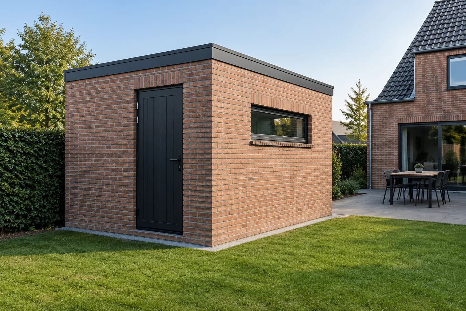 Gemetst tuinhuis met roodbruine gevelstenen, een donkere deur en een plat dak.