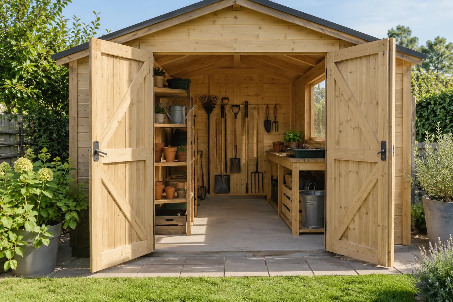 Houten tuinberging met een werkbank, bloempotten en tuingereedschap.