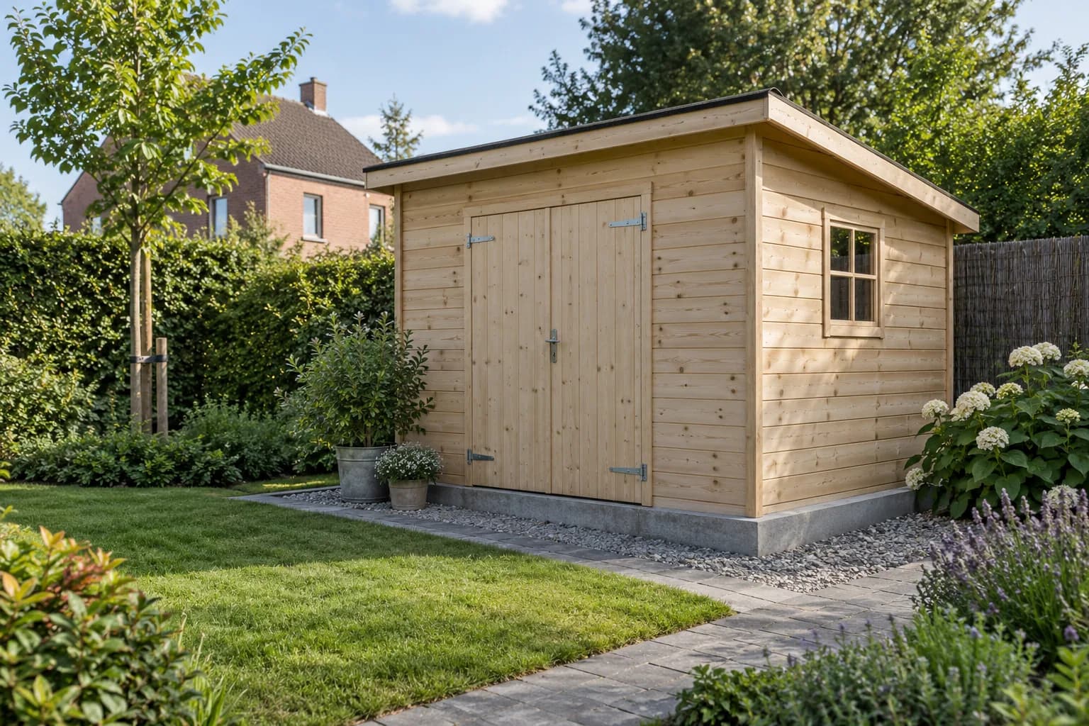 Houten tuinhuis met horizontale planken, dubbele deuren en een hellend dak.
