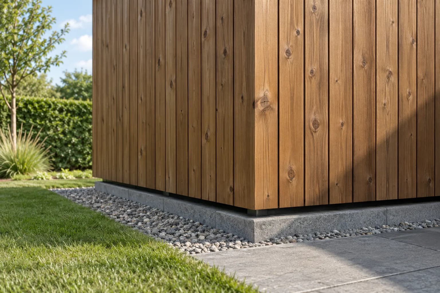 Detail van verticale houten gevelplanken boven een sokkel en grindstrook.