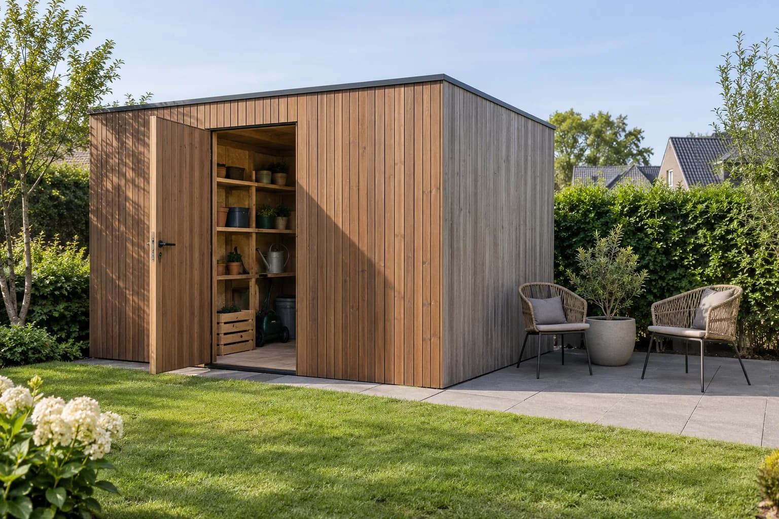 Tuinhuis met bruine houten bekleding, bergruimte en een klein terras.
