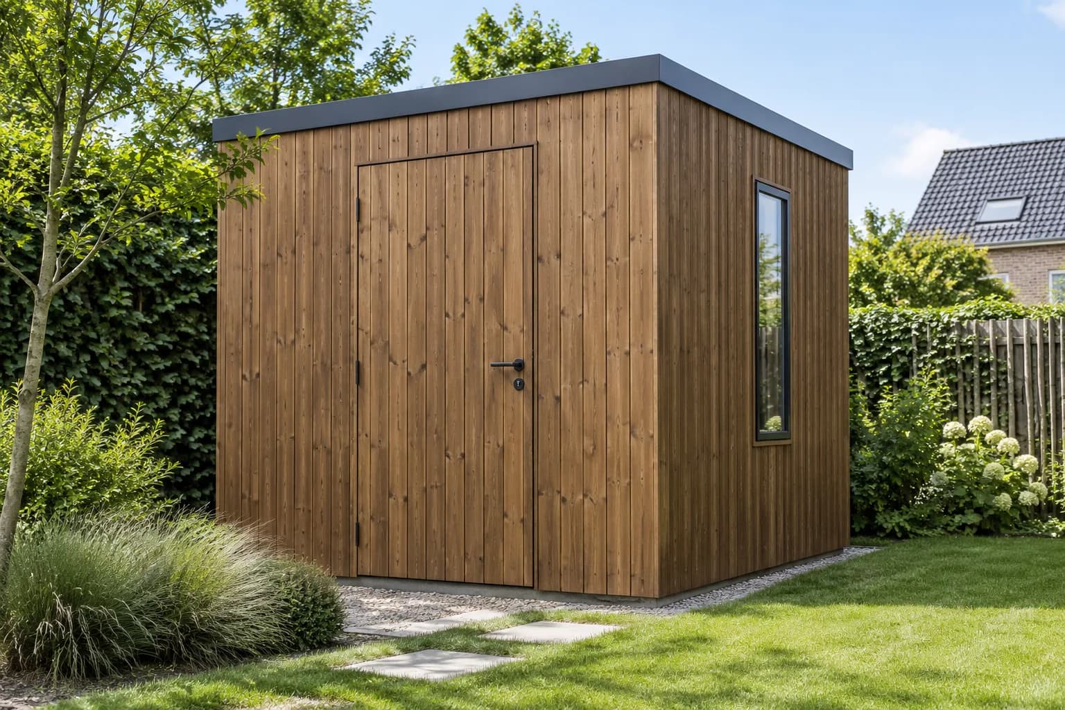 Tuinhuis met verticale bruine houten bekleding, een plat dak en een smal zijraam.