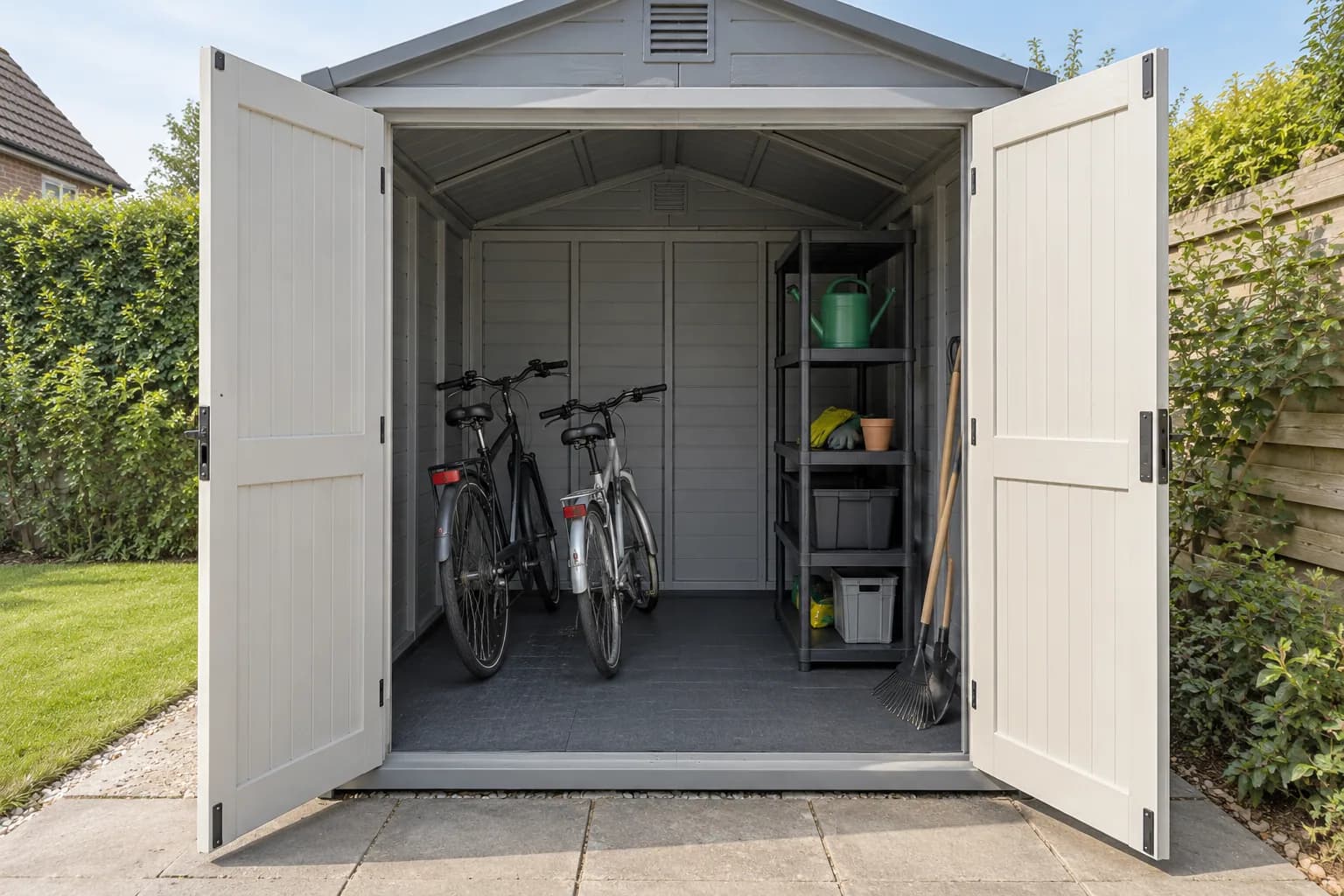 Open kunststof tuinhuis met fietsen en een vrijstaand opbergrek.