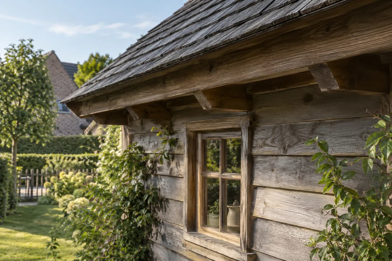 Dakrand met donkere shingles boven het houten raam van een landelijk tuinhuis.