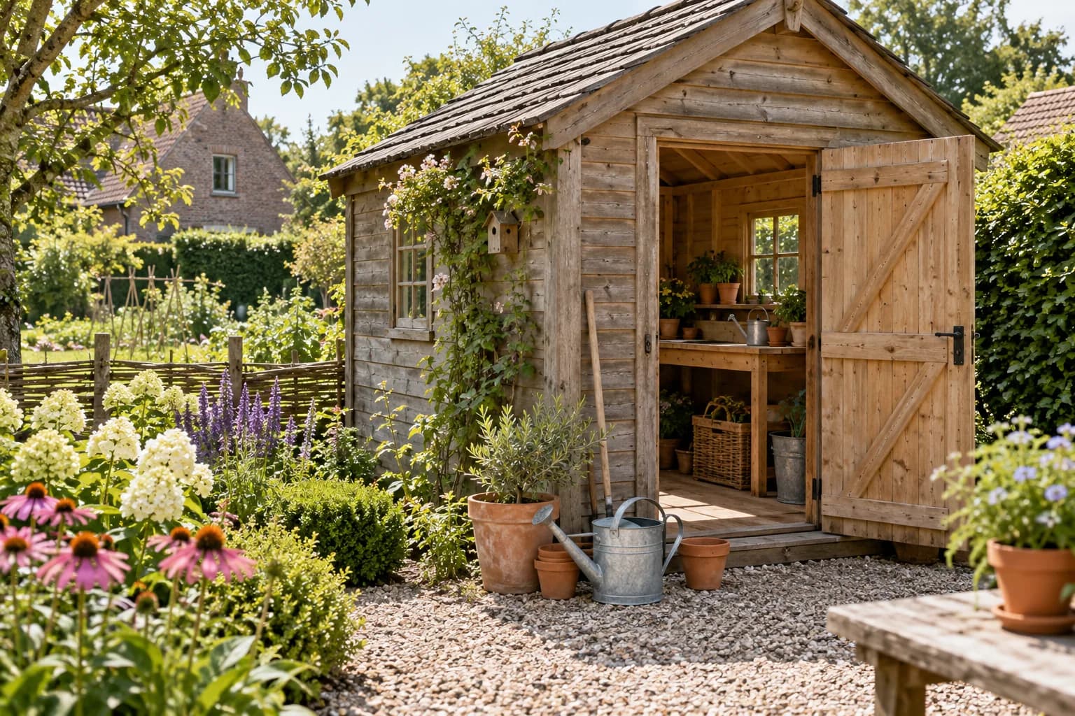 Open deur van een landelijk tuinhuis met een oppottafel, gietertje en bloempotten.