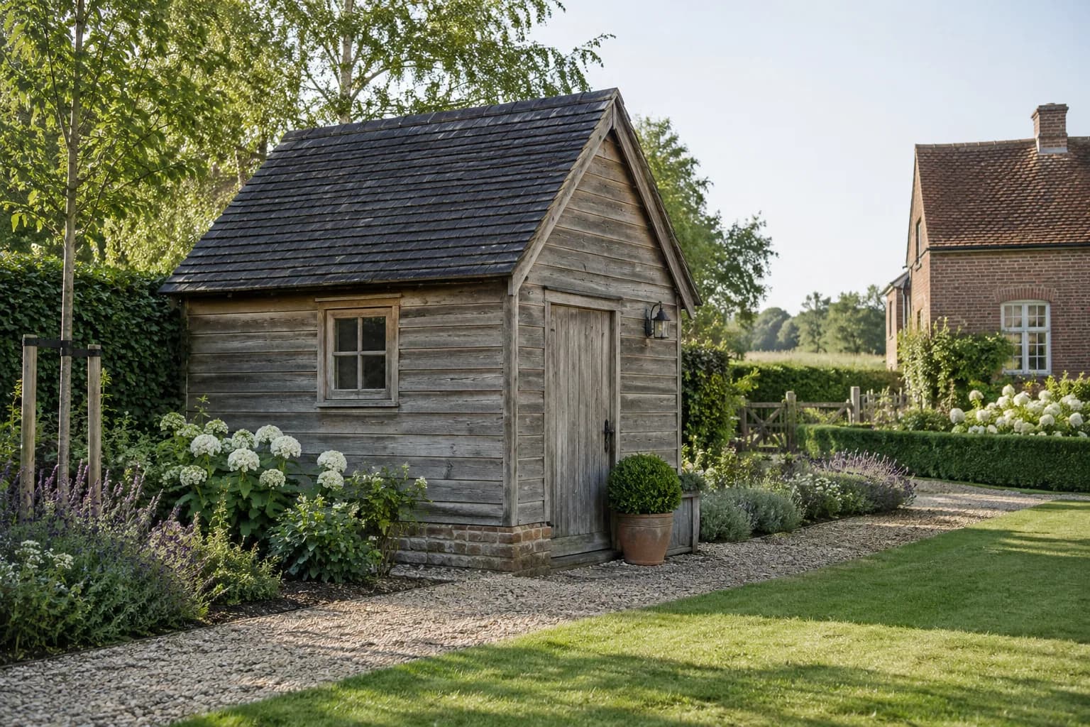 Landelijk houten tuinhuis met een schuin dak, klein raam en een grindpad door de tuin.