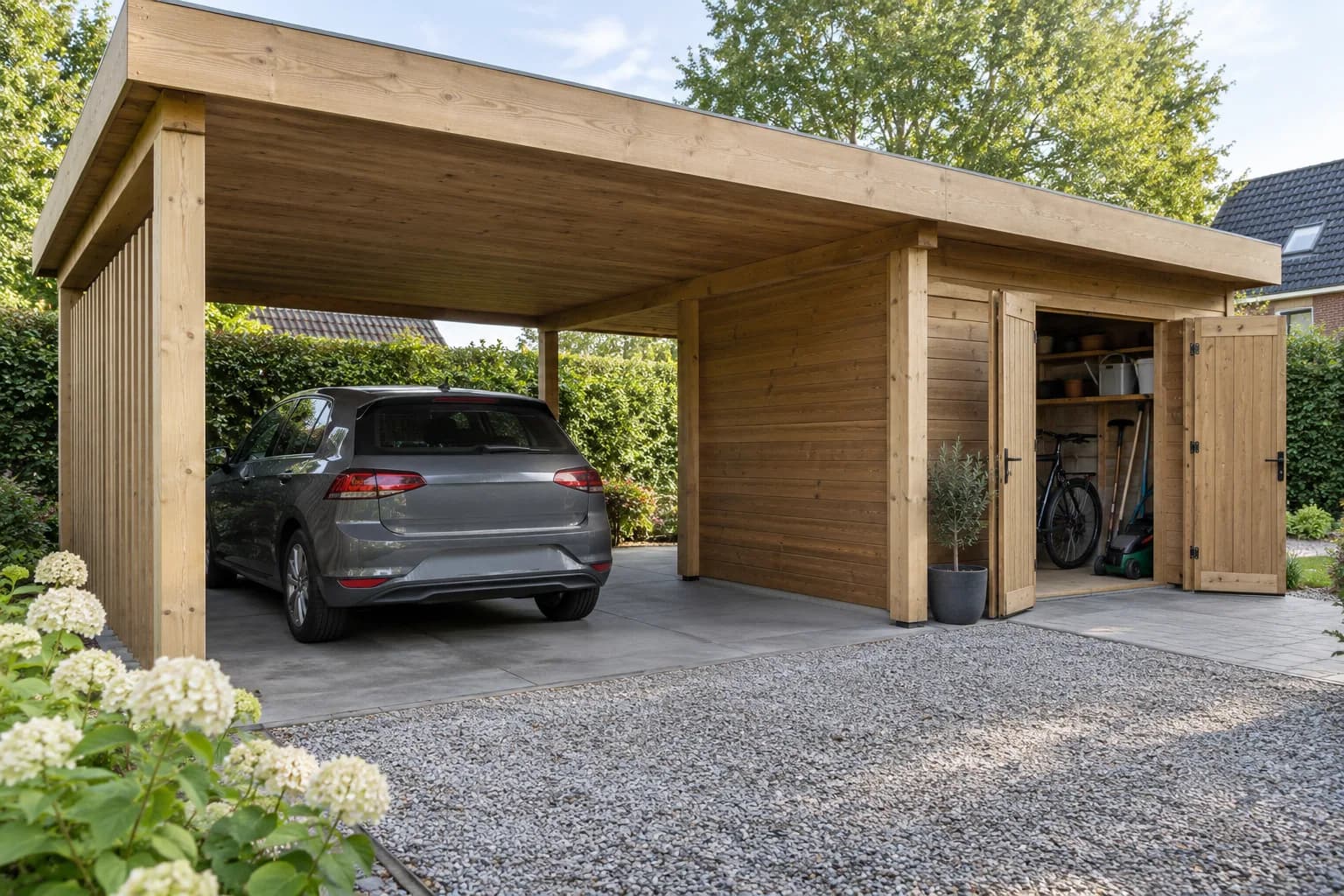 Auto onder een houten carport naast een open tuinberging met fiets en tuingereedschap.