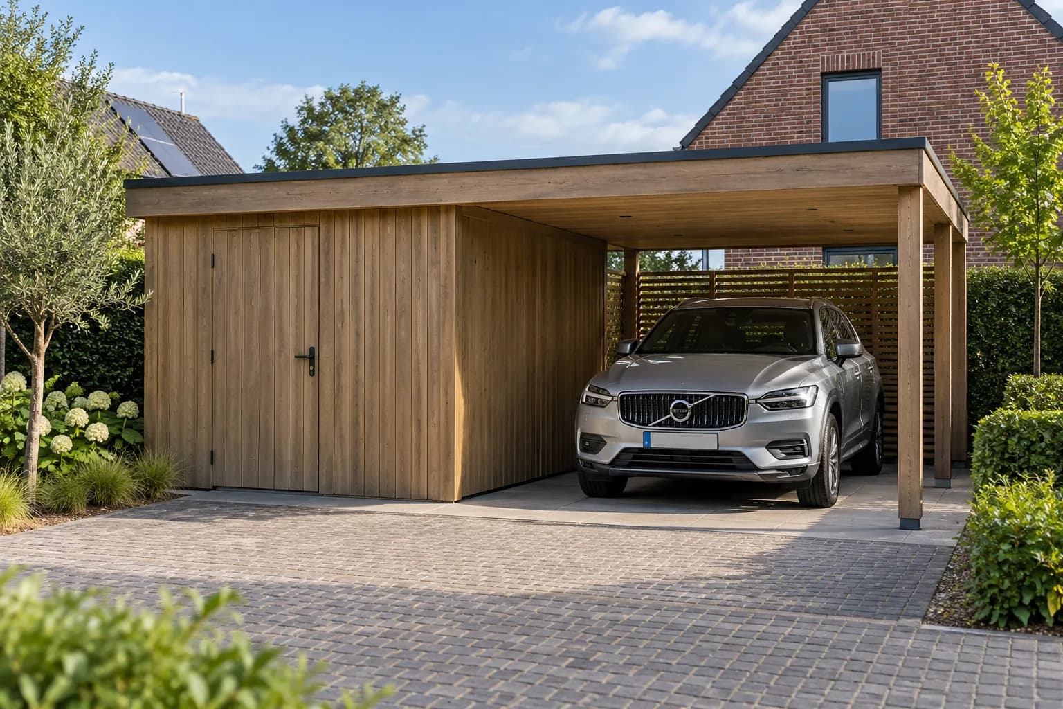 Houten tuinberging met aansluitende carport en een auto onder het doorlopende platte dak.