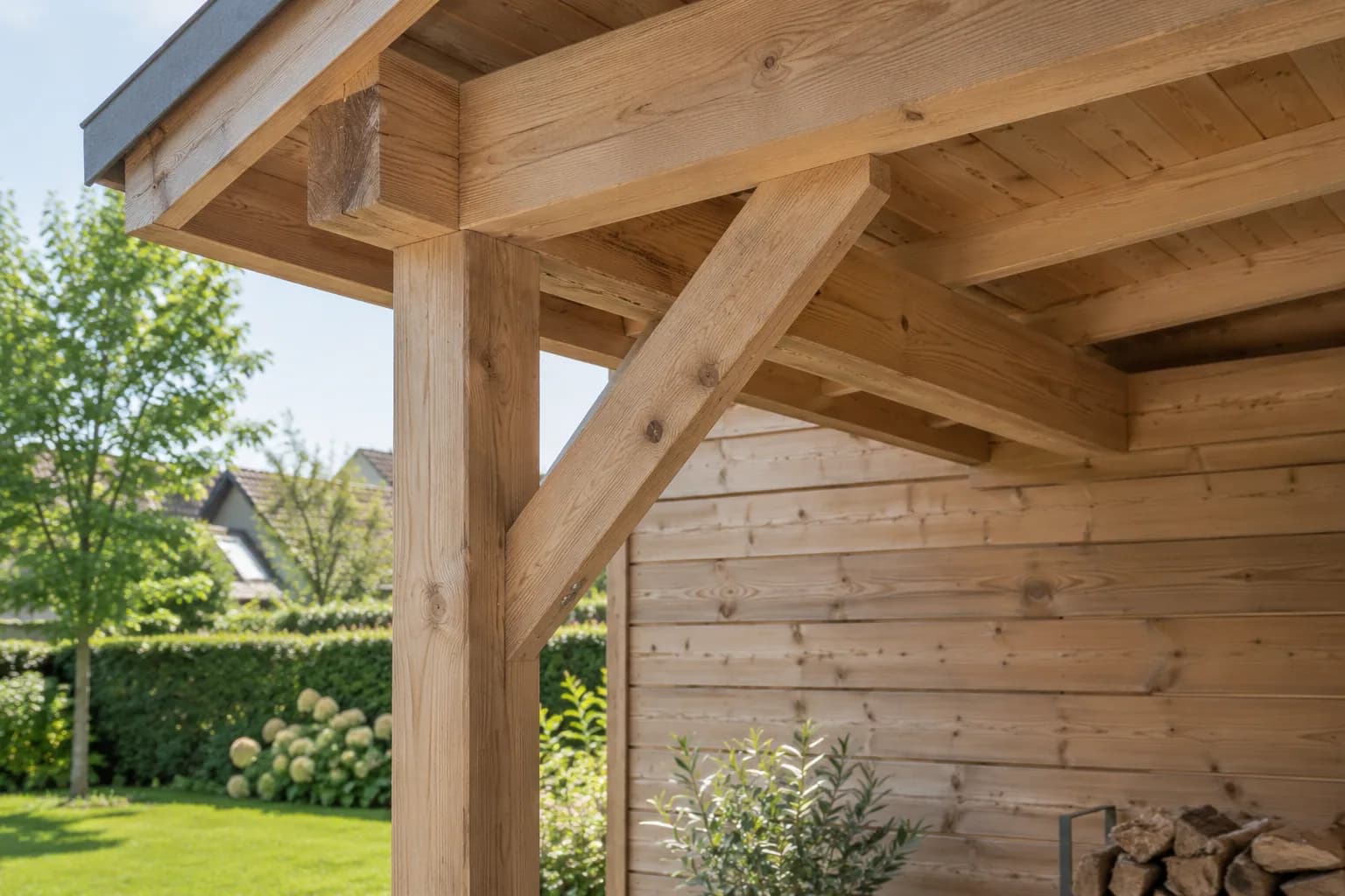 Houten staander, schoor en dakbalk bij de overkapping van een houten tuinhuis.