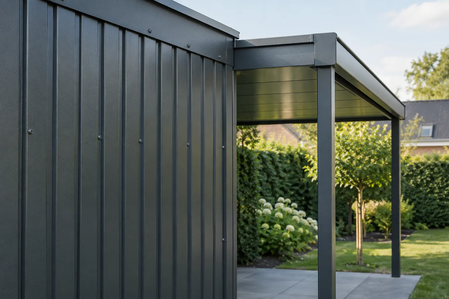 Geribde metalen wand en dakrand naast de overkapping van een tuinhuis.