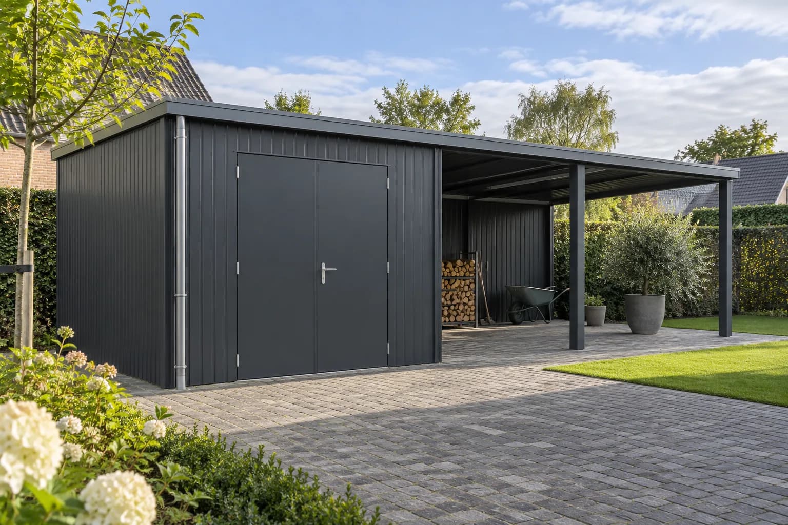 Metalen tuinhuis met geribde wandpanelen en een open overkapping op staanders.