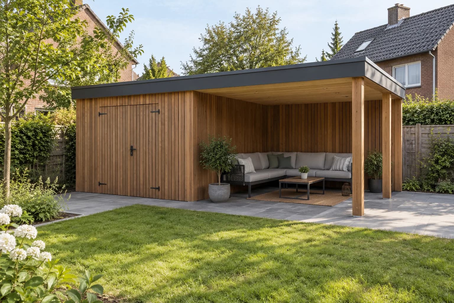 Houten tuinhuis met een afgesloten berging en een open overkapping onder een plat dak.