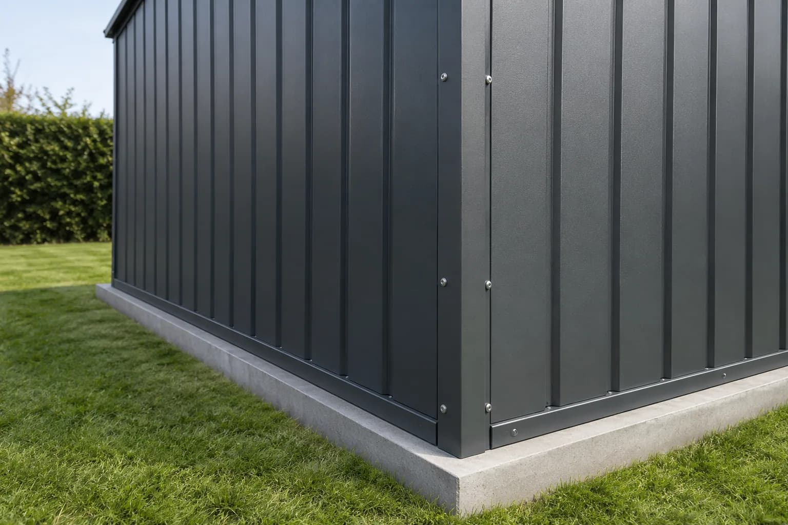 Detail van geprofileerde metalen wandpanelen en bevestigingen op een betonnen sokkel.