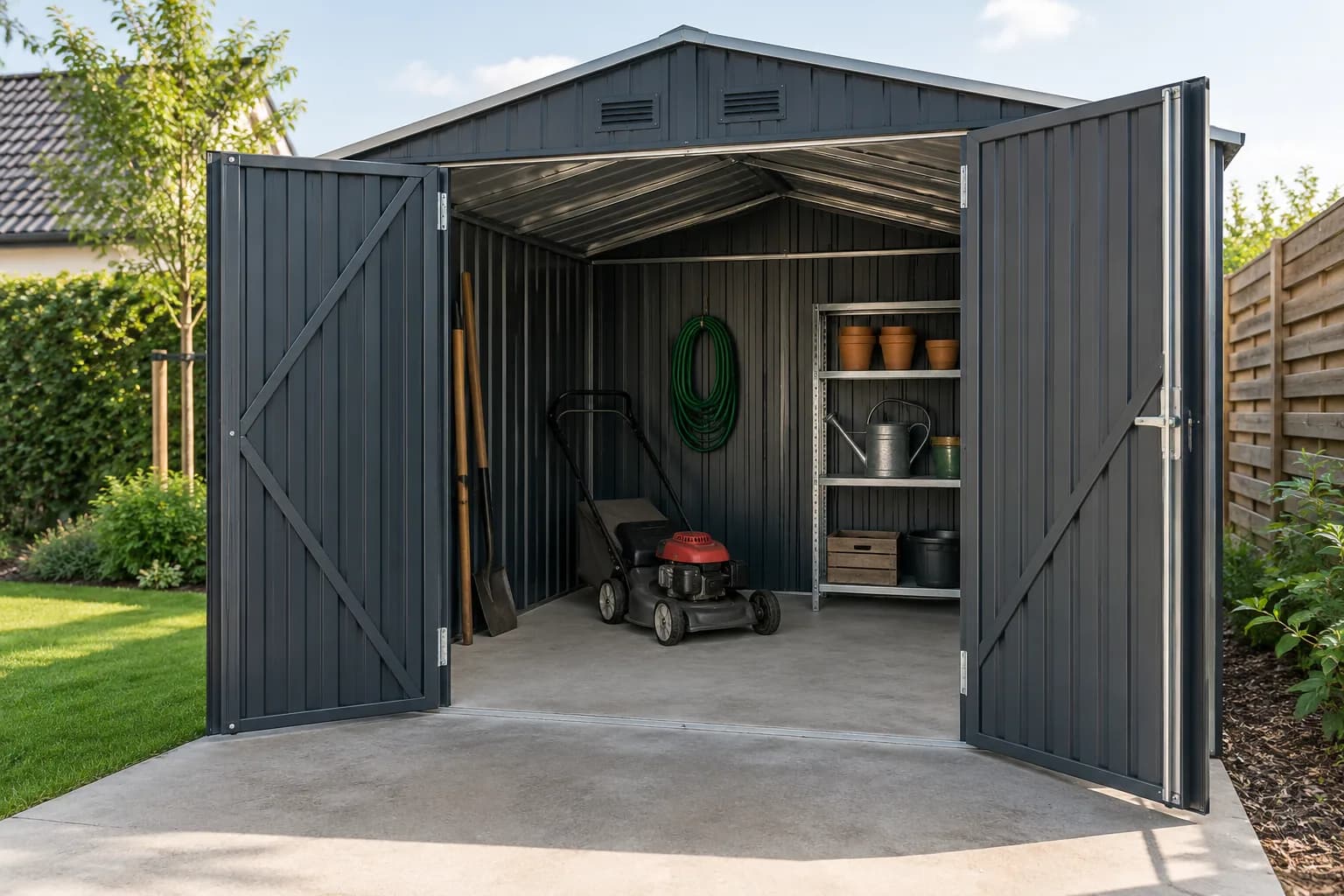 Metalen tuinberging met een grasmaaier, tuinslang en opbergrek.