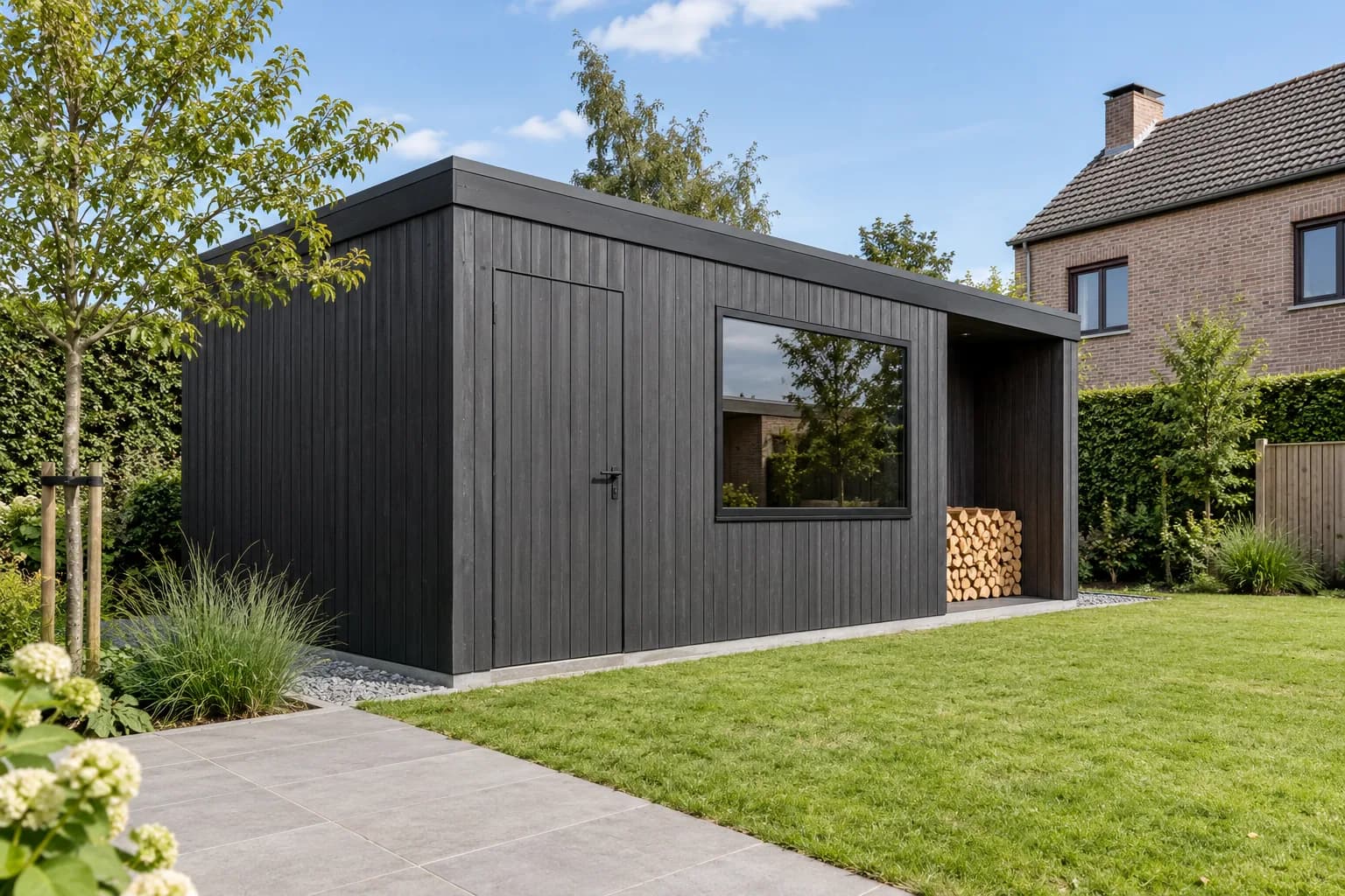 Modern tuinhuis met zwarte gevelbekleding, een plat dak, raam en houtopslag.