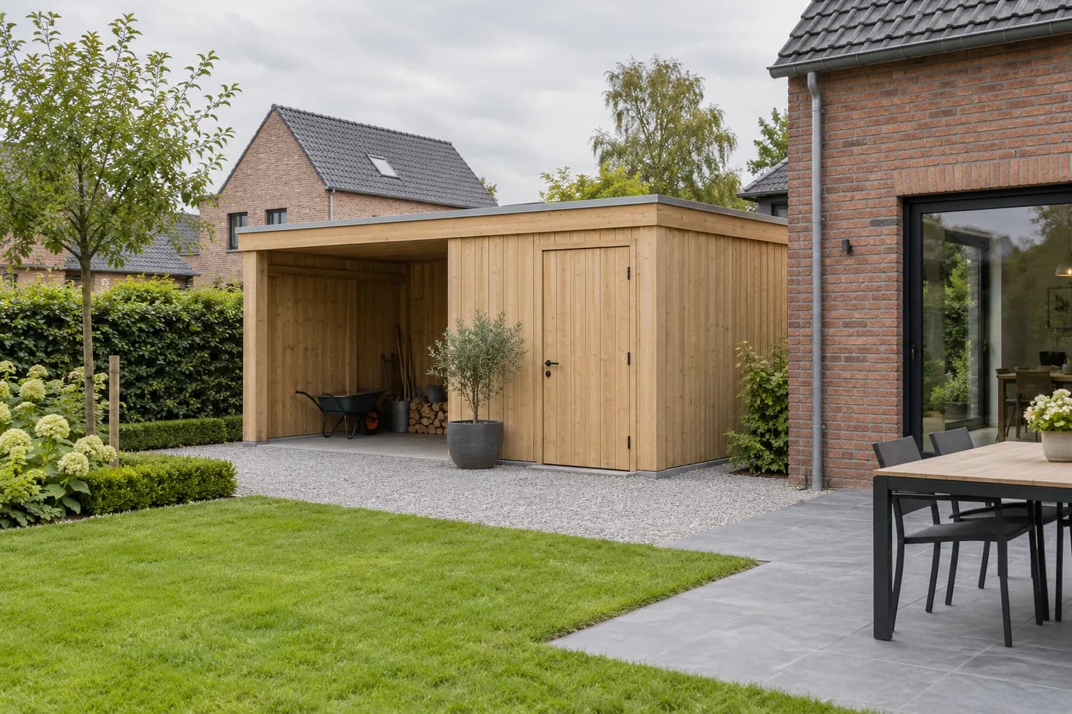 Houten tuinhuis met overdekte berging naast een bakstenen woning