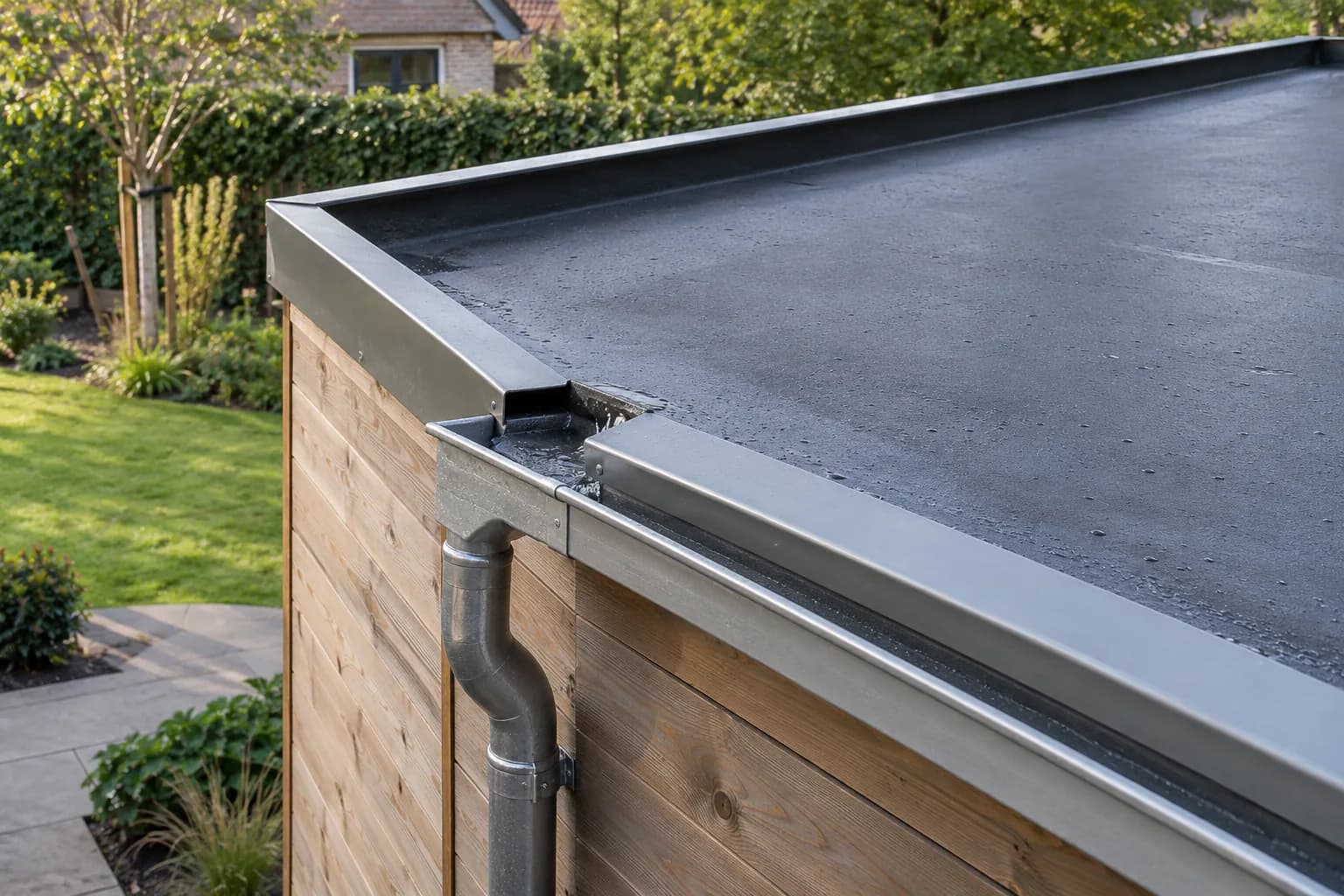 Detail van de platte dakrand, dakbedekking en regenafvoer van een houten tuinhuis.